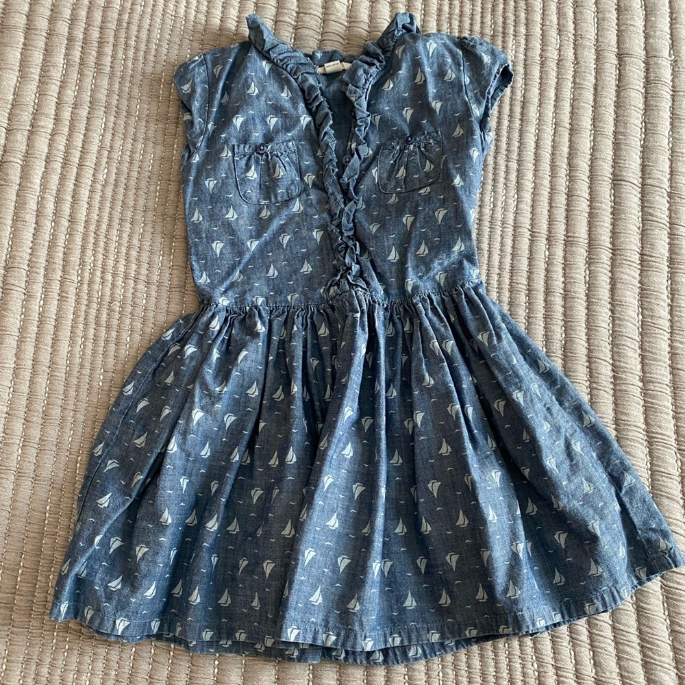 Lands End Kids size 5 Girls cotton chambray nautical Sailboat Print Ruffle Dress